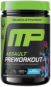 MusclePharm Assault Pre Workout Powder for Men & Women – Energy & Strength Boost Pre-Workout Supplements with Beta Alanine, Caffeine, Creatine & Betaine Anhydrous – 30 Servings, Blue Raspberry Flavor