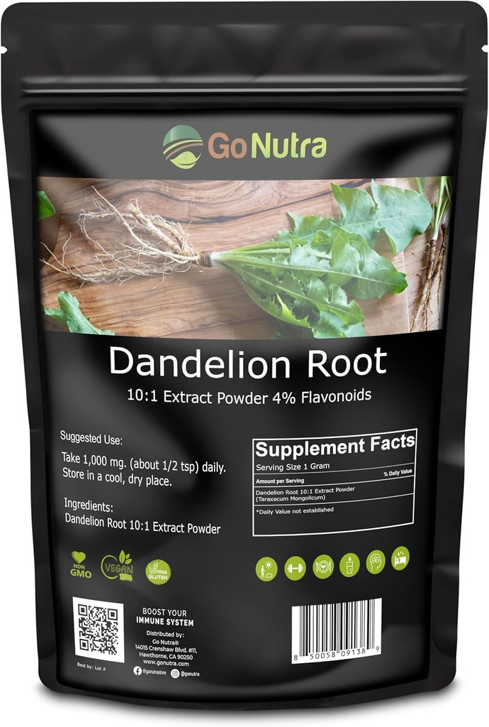 Go Nutra Dandelion Root Powder for Tea, Coffee &amp; Beverages  Concentrado 10:1 Dandelion Root Extract Powder, Caffeine Free ← Antioxidantes, Digestión &amp; Sistema Immune ← Non-GMO, Vegan TEN 16 oz (1 lb)