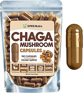 XPRS Nutra Chaga Mushroom Capsules - Premium USDA Chaga Mushrooms Capsules- Encapsulado Chaga Mushroom Powder for an Immunity Boost - Vegan Friendly Superfood for Chaga Tea and Beverages - 180 Count