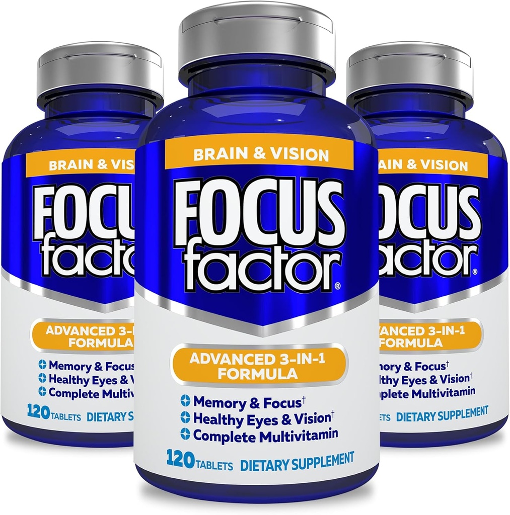 Factor de foco Adultos Suplemento Cerebro y Visión, 120 Conde- Ojo Vitamina, Suplemento Mineral, Multivitamínico Completo con Lutein &amp; Zeaxanthin – Suplemento Cerebro para Focus, Concentración, Memoria (3 Pk)