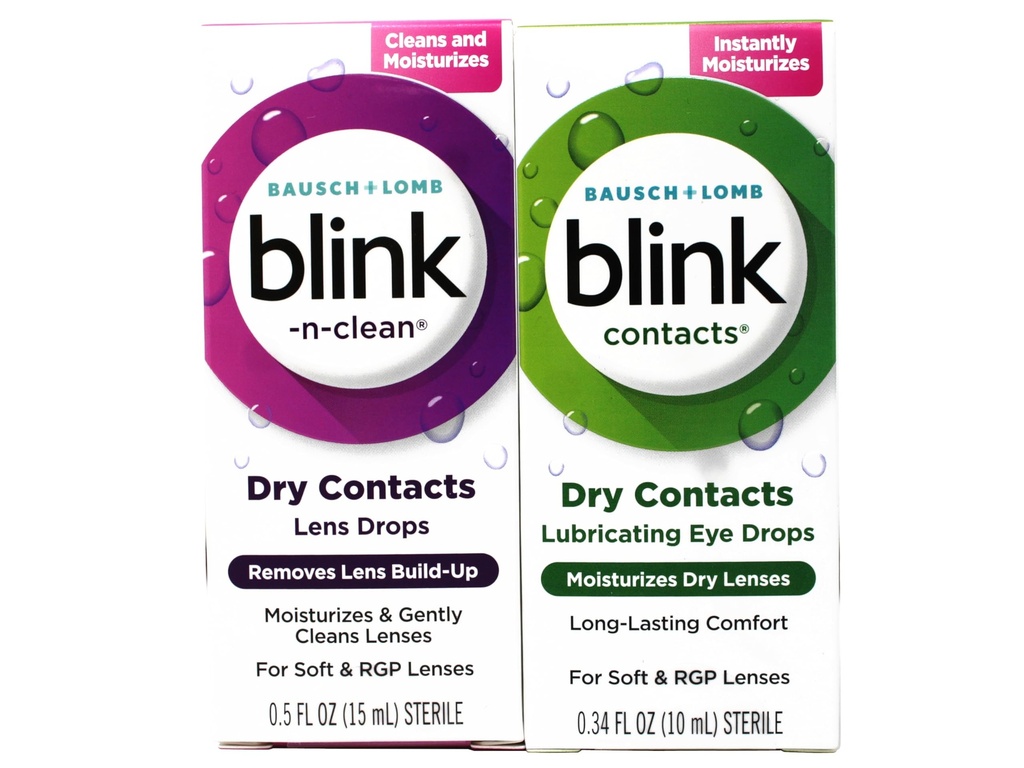 Blink Contacts Lubricating Eye Drops 0.34 fl oz and Blink-N-Clean Lens Drops 0.5 fl oz, Dual Moisturizing and Lens Cleaning Solution for Soft & RGP Lenses