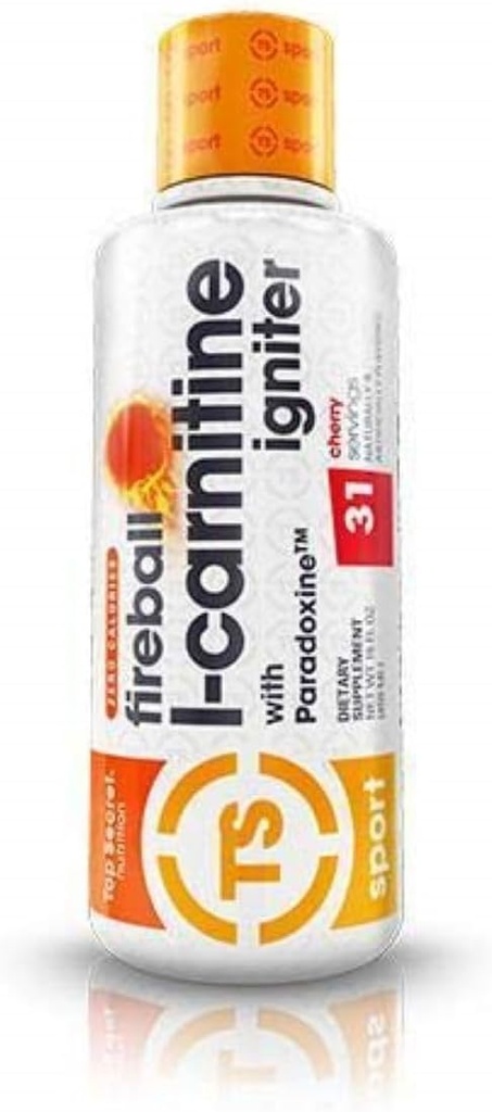 Top Secret Nutrition Fireball Liquid L-Carnitine with Paradoxine ← Stim Gratis ← Gestión de pesas, energía, " Ejercicio Rendimiento ← 16 Ounces, 21 Servings (Cherry)