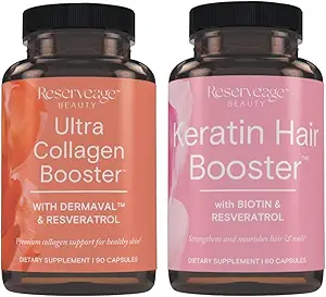 Reservage Ultra Collagen Booster " Keratin Hair Booster - Características Dermaval, Biotin " Resveratrol - Soporte Peluquería " - 90 cápsulas Ultra Collagen, 60 cápsulas de queratina