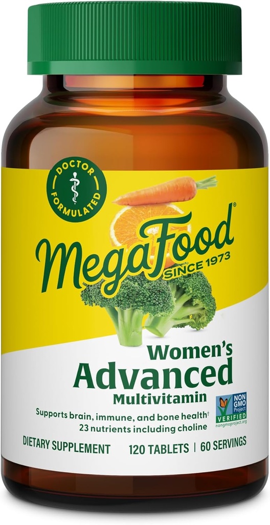 MegaFood Mujeres Multivitamínicos Avanzados para Mujeres - Doctor-Formulado con Hierro, Choline, Vitamina D, Vitamina C &amp; Zinc - Salud Cerebro - Apoyo Inmunitario - No GMO - Vegetariano - 120 Tabs (60 Servings)