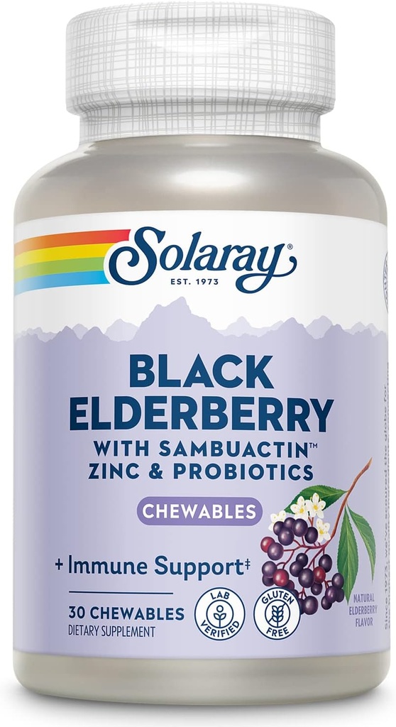 SOLARAY Black Elderberry Extracto con Zinc, Probióticos &amp; Vitamina C TENIDO Sistema de inmunización saludable TENIDO 30 Tablas Chewable
