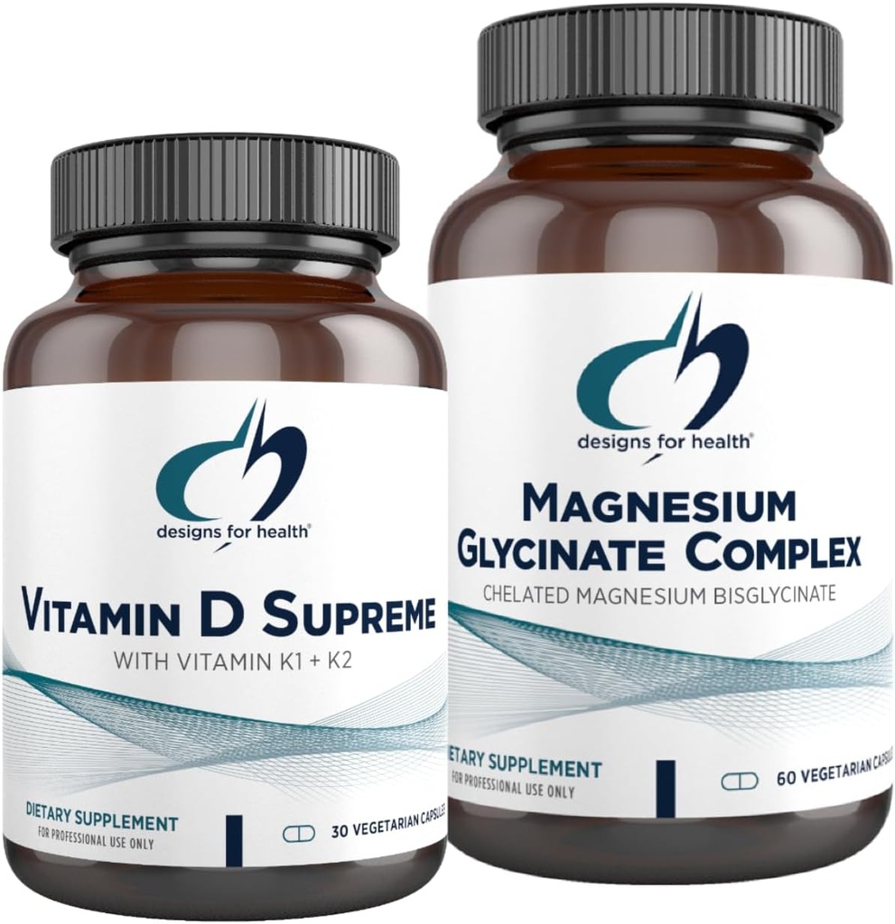 Diseños para Diseños para la Salud Magnesio Complejo Glycinate (60 cápsulas) & Vitamina D Supreme (30 Softgels) - Magnesio de alta absorción con 5000 UI Vitamina D3 y Vitamina K2 / K1 - Hueso, Inmune &amp; Mood