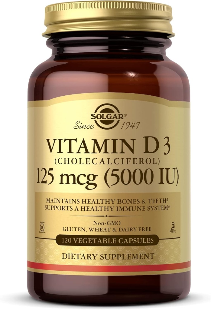 Solgar Vitamina D3 (Cholecalciferol) 125 mcg (5000 UI), 120 cápsulas vegetales - Ayuda a mantener los huesos saludables " dientes - Apoyo al sistema inmunológico - No GMO, libre de gluten, libre de lácteos, Kosher - 120 piezas