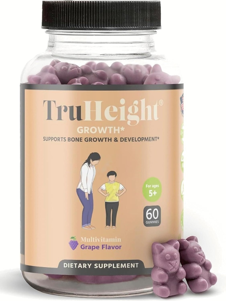 TruHeight Growth Gummies (Grape) Natural Growth &amp; Development Supplement for Kids & Teens - Vitamina D, K, Calcio &amp; Ashwagandha - Bone Strength Vitamins D3 K2 - Picky Eater Vitamin for Kids - Ages 5+