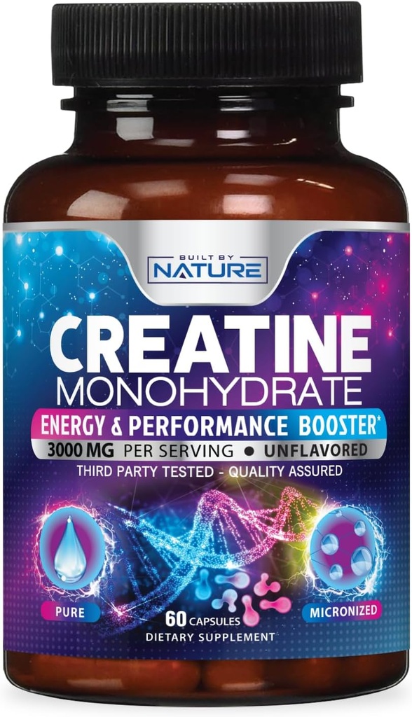 Construido por Nature Creatine Monohydrate Pills - Micronized Creatine Supplement for Men &amp; Women - Muscle Strength, Energy, Endurance, and Recovery - Gluten-Free, Vegan, Non-GMO - 60 cápsulas