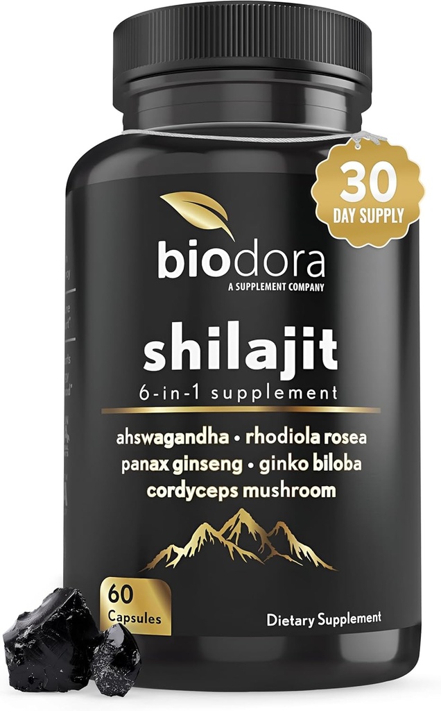 6-in-1 Shilajit Suplemento 300mg, Mood y Energy Support Suplemento con 60mg Pure Ashwagandha, Rhodiola Rosea Panax Ginseng para Immune Support, Memory and Focus, 85+ Trace Minerals, 60 cápsulas