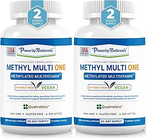 Power by Naturals Methyl Multi One – Multivitamina sin hierro para hombres y mujeres con metilcobalamina B12, P5P, Folate (5-MTHF), CoQ10 & Zinc for Energy & MTHFR Support, 60 cápsulas (2-PK)