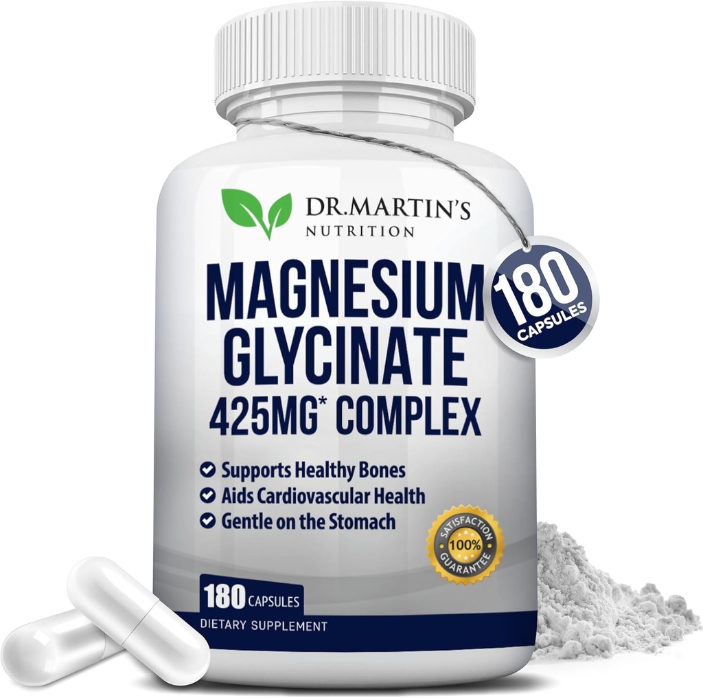 Magnesio Premium Glycinate 425mg - 180 cápsulas veganos - Ayuda con Stress Relief, Sleep, Muscle Cramps & Healthy Heart ←
