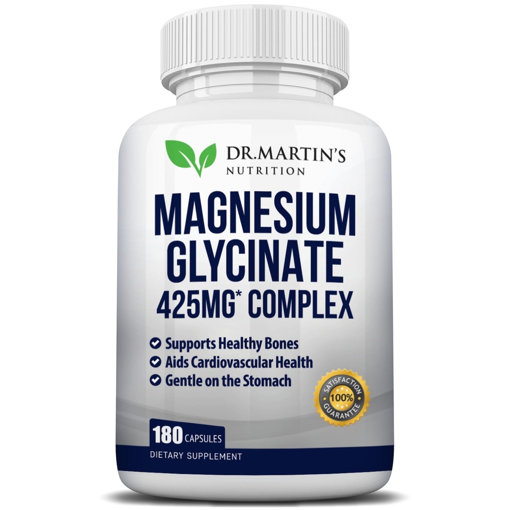 Magnesio Premium Glycinate 425mg - 180 cápsulas veganos - Ayuda con Stress Relief, Sleep, Muscle Cramps & Healthy Heart ←