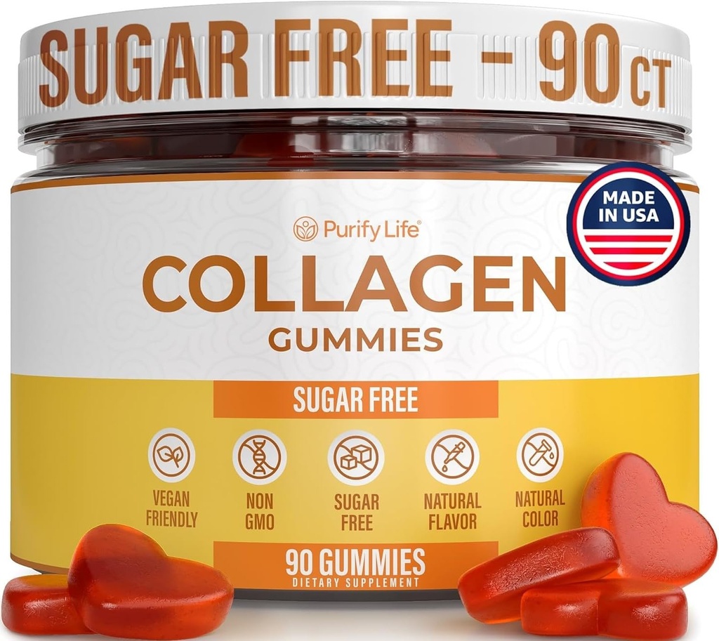 Colágeno marino libre de azúcar Gummies (90 Mandíbulas de Collagen) Potente 500mg Gummy Collagen para el crecimiento del cabello, Esquí saludable " uñas, Reductor de poro " Elasticidad Hidrolyzed, Gluten Free, Boosted w Shuddha Gugulu