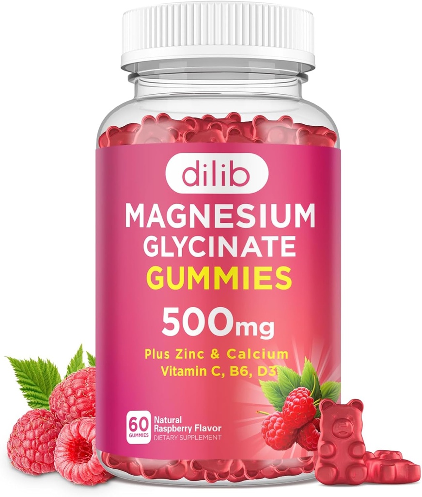 Magnesium Glycinate Gummies 500mg Magnesium Suplemento con Calcio, Zinc, Vitamina C, B6, D3-Calm Chewable Gummies for Kids &amp; Adults-Sleep, Mood &amp; Muscle Support-Raspberry Flavor, 60 Gummies