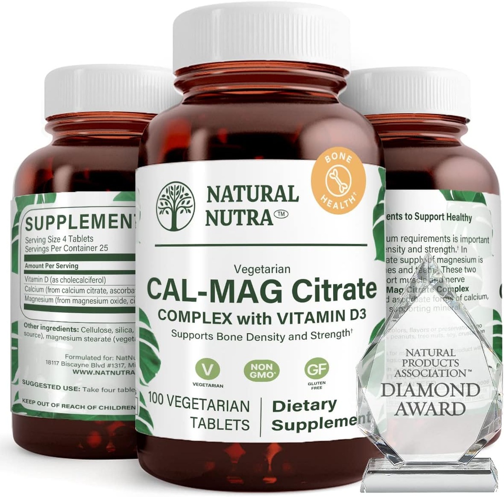 Natural Nutra Cal-Mag Citrato con vitamina D3,1000/500 mg Complejo, Fortalecer la Densidad de los huesos, el músculo y la salud de los nervios, Ayuda a mantener los dientes saludables, Fuentes altamente biodisponibles, 100 tabletas Veganas