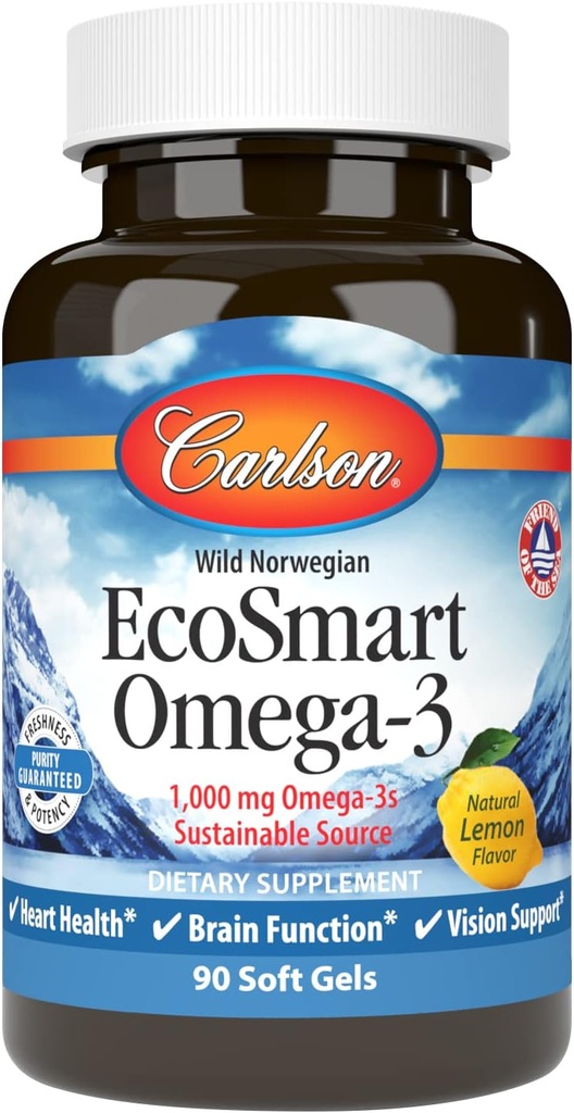 Carlson - EcoSmart Omega-3, Fuente Sostenible, promueve el corazón, cerebro, visión " salud conjunta, limón, 90 geles blandos