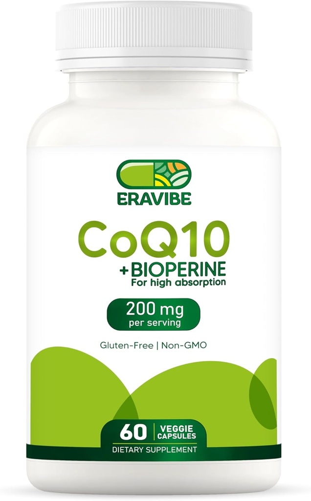 Pure CoQ10 Energy Support High Absorption with Bioperine, 200 mg por Serving, 60 Veggie Capsules, Gluten-Free, Non-GMO