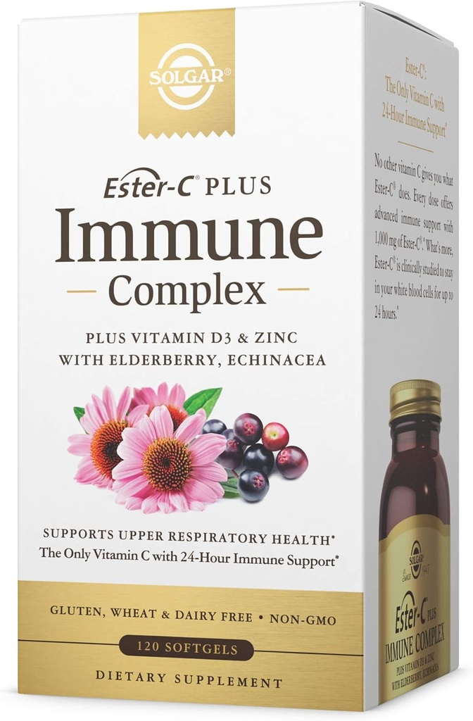 Complejo Solgar Ester-C Plus Immune -120 Softgels, soporte de 24 horas, soporta la salud respiratoria superior - Plus D3, Zinc, Elderberry &amp; Echinacea - Non-GMO, Gluten Free, Dairy Free - 60 Servings,