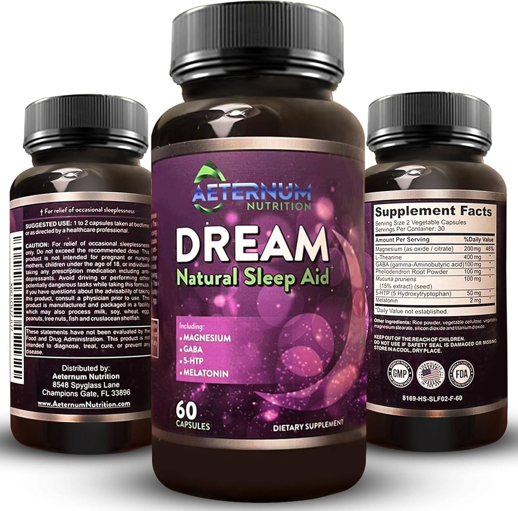 Dream Natural Sleep Supplement for Adults – Relaxing Sleep, Wake Rested - Non Habit Sleep Aid Capsules Libre de Azúcar, Carbs - Melatonina, Magnesio, 5HTP, L-Theanine, GABA- Non-GMO 60 Sleeping Pills
