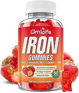 Gummies de hierro para mujeres, hombres y niños, suplemento de hierro sin azúcar con calcio, zinc, folato &amp; vitamina B12, C, B6 - para el edificio de sangre " Apoyo energético, anemia, fresa, 60 condes
