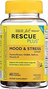 RESCUE Bach Plus Mood &amp; Stress Support Gummies, Daytime Dietary Supplement with Passionflower, GABA, Saffron & Vitamin D, Natural Orange Flavor, Vegan &amp; Gluten-Free, 60 Count