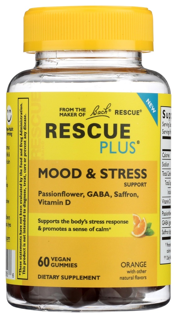 RESCUE Bach Plus Mood &amp; Stress Support Gummies, Daytime Dietary Supplement with Passionflower, GABA, Saffron & Vitamin D, Natural Orange Flavor, Vegan &amp; Gluten-Free, 60 Count