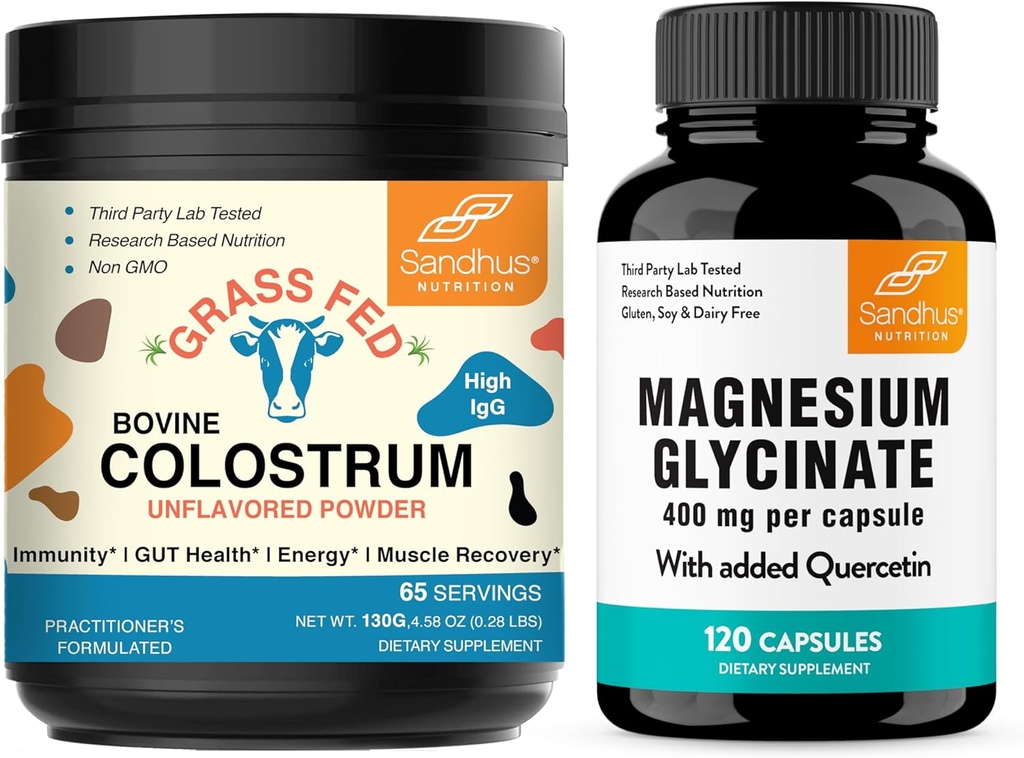Sandhu's Colostrum Powder &amp; Magnesium Glycinate Complex with Quercetin Capsules ← Soporta Gut, Immune Health & Quality Sleep