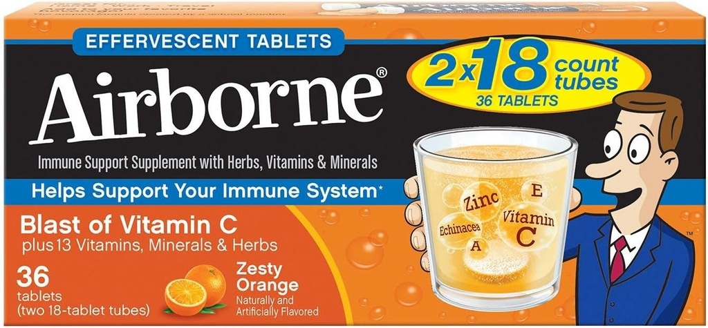 Vitamina C 1000mg (por servicio) - Airborne Zesty Orange Effervescent Tablets (36 cuentan en una caja), Gluten-Free Immune Support Suplemento y Alto en Antioxidantes