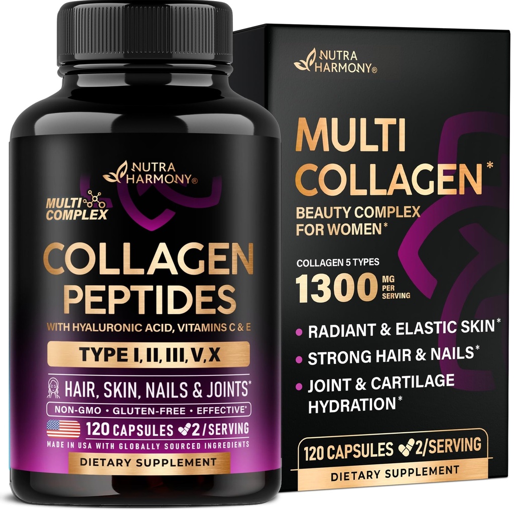 Multi Collagen Peptides - Hidrolyzed Tipos I, II, III, V & X - Suplemento Collagen para Mujeres 1300mg - w / Ácido Hialurónico, Vitaminas C &amp; E - Skin, Hair, Nails &amp; Joint Support - Made in USA, 120 Capsules