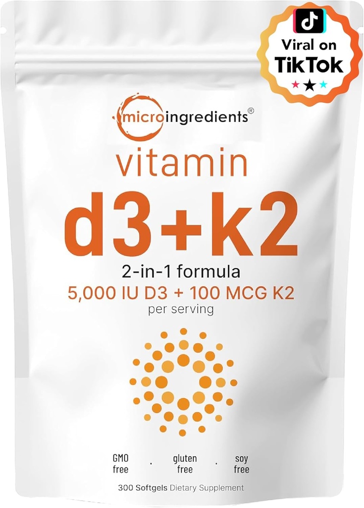 Micro Ingredientes Vitamina D3 5,000 UI + K2 MK-7 100 mcg, 300 Softgels TENIDO 2-en-1 Bone, Immune & Heart Support TEN Easy to Swallow, Non-GMO