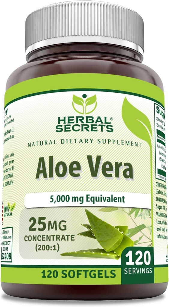 Herbal Secrets Aloe Vera 25 Mg Concentrate 200:1 TENIDO 5000 Mg Equivalente TEN 120 Softgels ← Non-GMO ANTE Gluten-Free TEN Made in USA