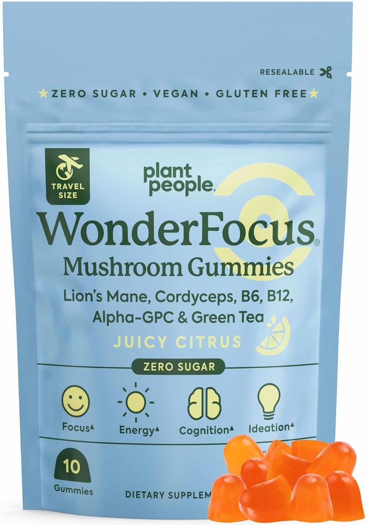 Plant People WonderFocus Mushroom Gummies Mini con Mane & Cordyceps de León Suplemento Nootropic Brain Suplemento Boosts Memory Focus Energy " Mood in Adults No Sugar 100% Vegan Citrus Flavor Trial Size