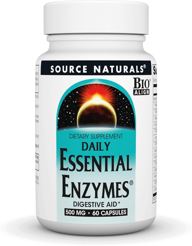 Fuente Naturales Esencial Enzimas 500mg Bio-Alineados Múltiples Enzyme Suplemento Herbal Defense for Digestion, Gas, Constipation &amp; Bloating Relief - Supports A Strong Immune System - 60 cápsulas