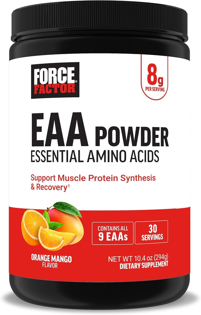 Factor de fuerza Aminoácidos esenciales, Espectro completo EAAs Aminoácidos Polvo, Suplemento de Aminoácidos para Mujeres y Hombres para apoyar la recuperación del músculo saludable y el entrenamiento, Mango de naranja, 30 Servimientos