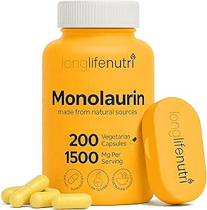 LongLifeNutri Monolaurin 1500mg - Potent Glycerol de Coco, 200 Capsules Vegetarianos, Suplemento Orgánico para Gut Balance &amp; Defensa Natural, Suministro de 100 días, GMP Certified, Made in USA
