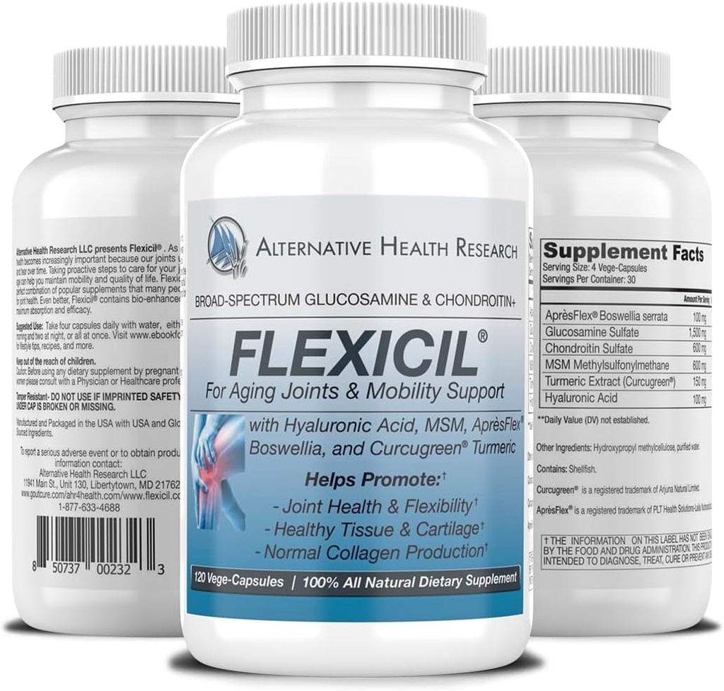 Flexicil Advanced Joint Mobility & Support TEN Glucosamine, Chondroitin, MSM, Hyaluronic Acid, Turmeric, Boswellia ANTE Broad-Spectrum Bio-Enhanced Ingredients TEN 120 Vege-Capsules TEN 30-Day Supply