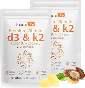 2 Bolsa Vitamina D3 K2 Suplemento Softgel, Vitamina D3 K2 Softgel con 10000 UI apoya Immune, Heart, Teeth & Bone Health, Libre de GMO, Gluten, Soy