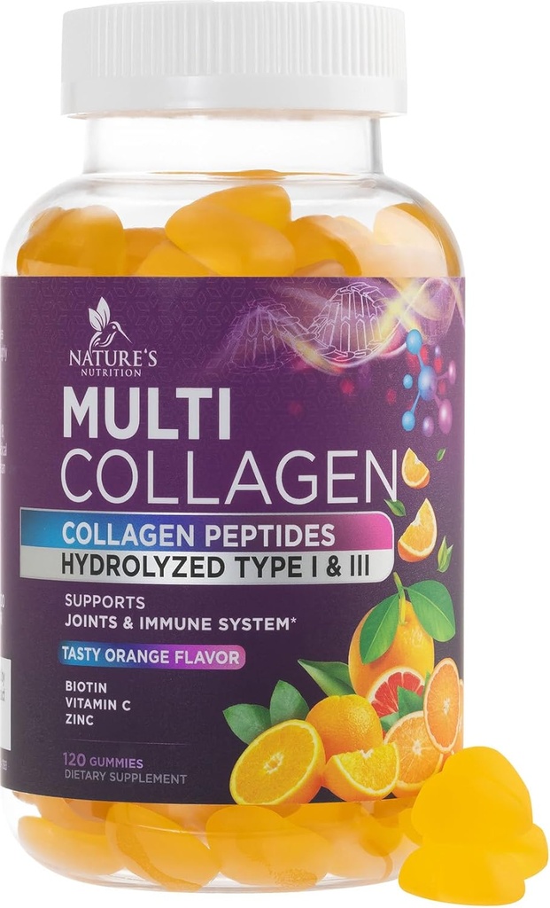 Collagen Peptides Gummies con 2500 mcg Biotina - Hidrolyzed Protein Tipo I & III Multi Collagen Suplemento con Vitamina C & Zinc - Soporte para el cabello, la piel, las uñas, sabor naranja sabroso - 120 Gummies
