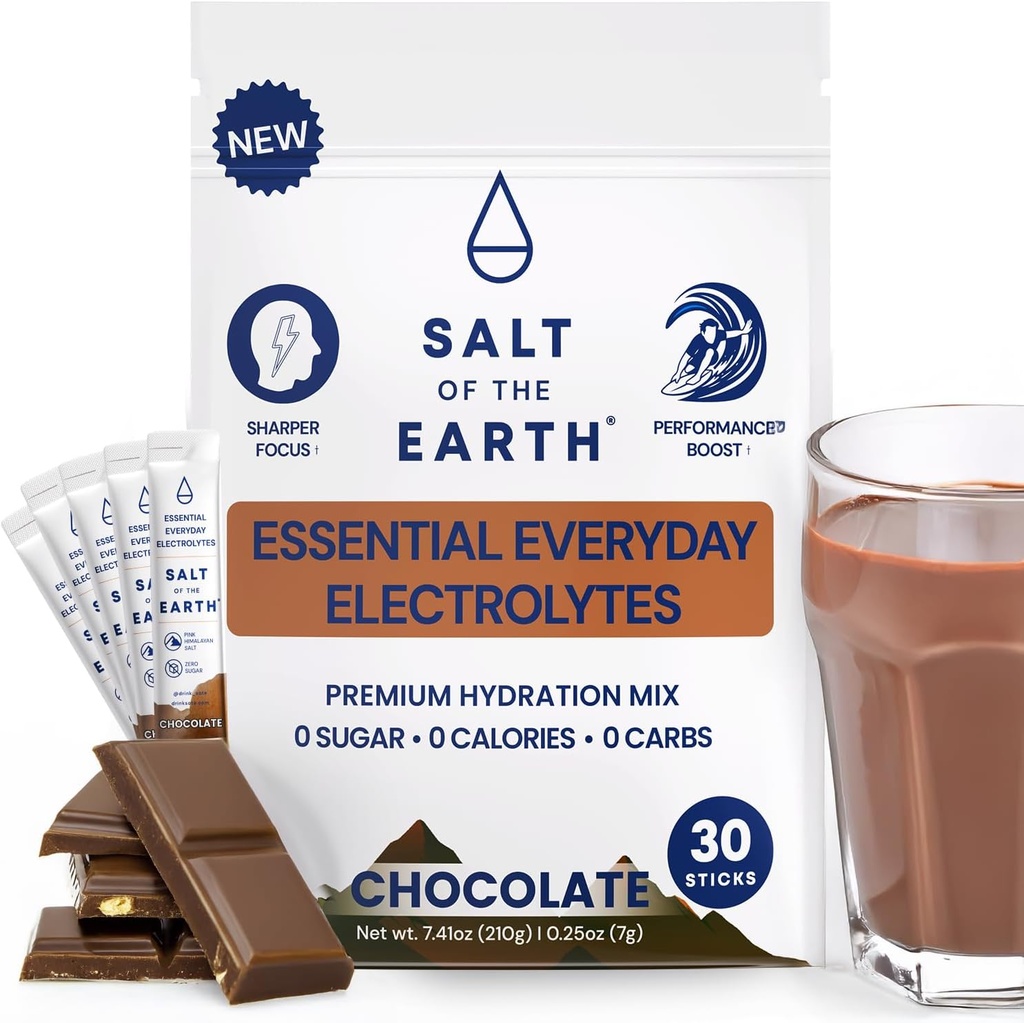 Salt of the Earth Premium Zero-Sugar Electrolyte - Made with Pink Himalayan Salt - Hydration Powder Packets ← Ingredientes Premium ← Keto & Paleo Friendly ← 30 Sticks, Chocolate