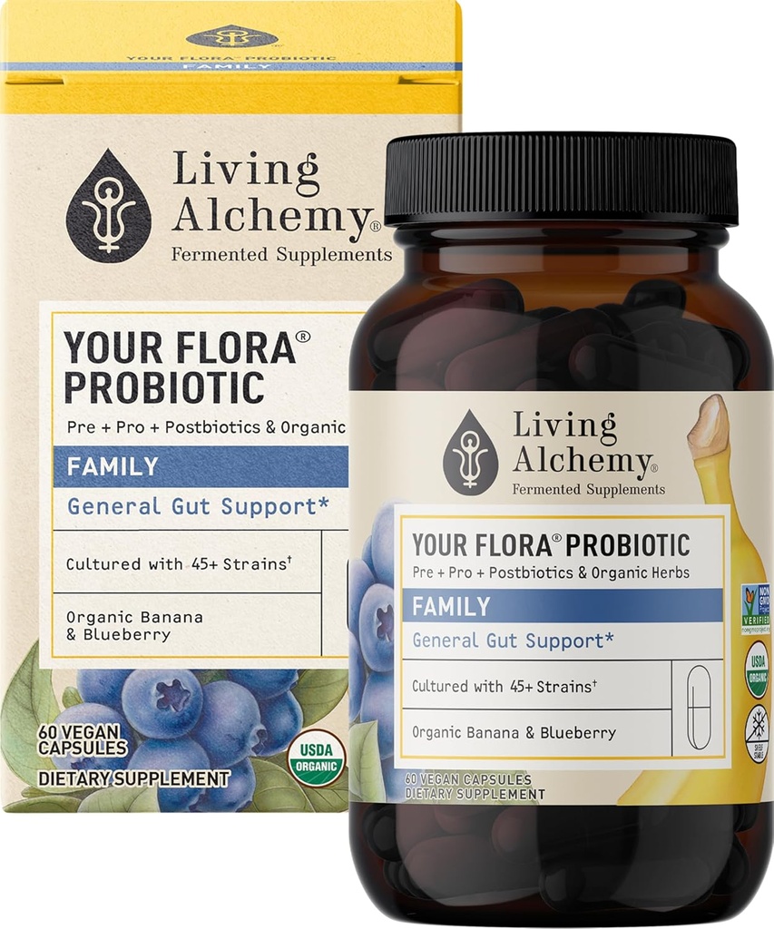 Tu familia probiótica Flora – Probióticos no transgénicos con soya fermentada, banana, arándano para la digestión y apoyo a Gut – Prebióticos, Postbióticos, Enzimas digestivas – Alquimia viva, 60 cápsulas