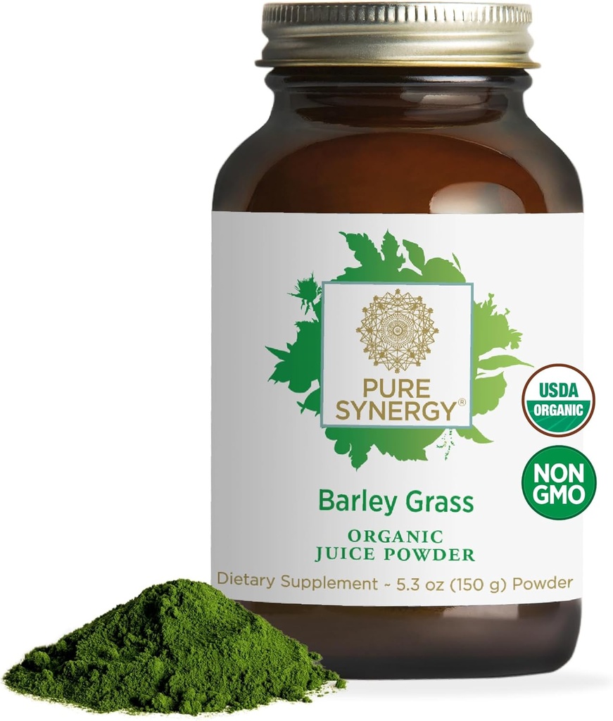 PURE SYNERGY Organic Barley Grass Juice Powder ← Chlorophyll-Rich Greens Powder ← Orgánica Cold-Presed Barley Grass Juice  durable for Energy, Detox, and Digestion Support (5.3 oz.)