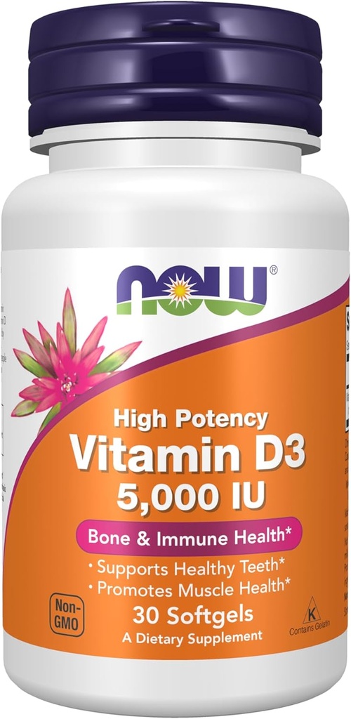 AHORA Suplementos, vitamina D3 5.000 UI, alta potencia, soporte estructural*, 30 Softgels