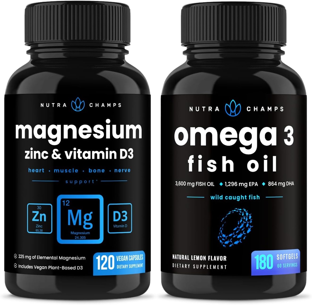 NutraChamps Magnesium Zinc &amp; Vitamina D3 Capsules y Omega 3 Fish Oil Capsules 2 Pack Bundle