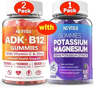 NEVISS 2Pack Vitamina ADK con B12 + 1Pack Potasio Magnesio Gummies