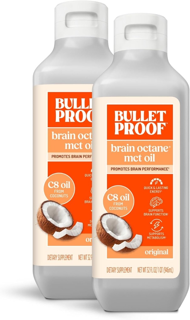 Bulletproof Brain Octane C8 MCT Oil, 32 onzas (Pack of 2), Keto Supplement for Sustained Energy and Metabolism Support, Packaging May Vary
