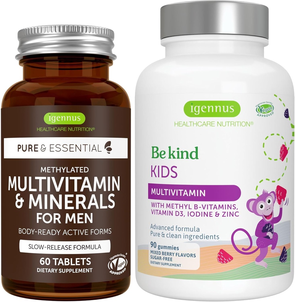 Multivitamina &amp; Minerales para Hombres + Advanced Kids Multivitamin Gummy Vegan Bundle, with Methylated B-Vitamins, Vitamina A, C, D3 &amp; E, Clean Label, 60 Tablets + 90 Berry Flavor Gummies, por Igennus