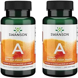Swanson Vitamina A 10,000 UI (3.000 mcg RAE) Nourishment natural para el hueso, la salud de la piel, el soporte de visión " Función del sistema inmunológico - alta absorción Vitamina A 250 Softgels (2 Pack)