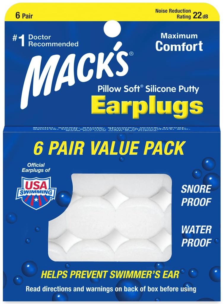 Mack's Pillow Soft Silicone Earplugs - 6 Pair, Value Pack – The Original Moldable Silicone Putty Ear Plugs for Sleeping, Snoring, Swimming, Travel, Concerts and Studying | Made in USA