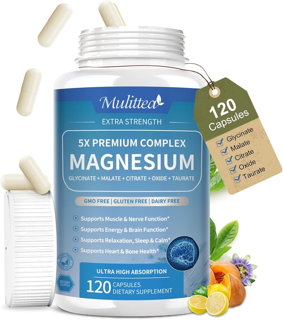 Magnesio Complejo Chelated Magnesium Glycinate w/Malate, Taurate reducida Herbal Extracts for Support Sleep, Muscle,Cortisol & Heart Health, Gluten Free, Vegan, Non GMO, High Absorption,120 Capsules